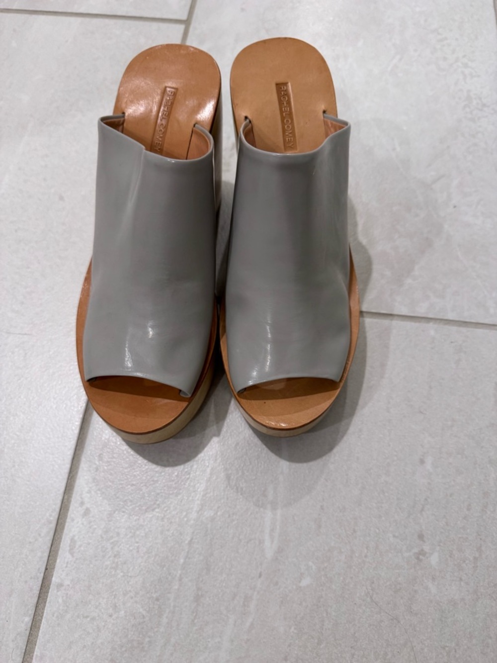 Rachel Comey Gray Leather Open-Toe Wedge Mules